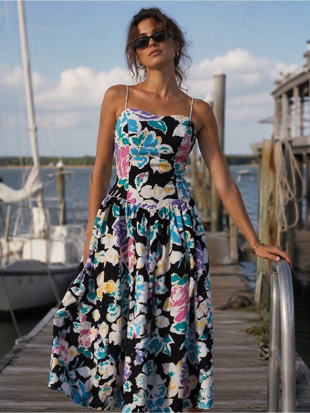 1980’s VTG Lanz Originals Floral MIDI Strappy Sundress Drop Waist Fitted Bodice